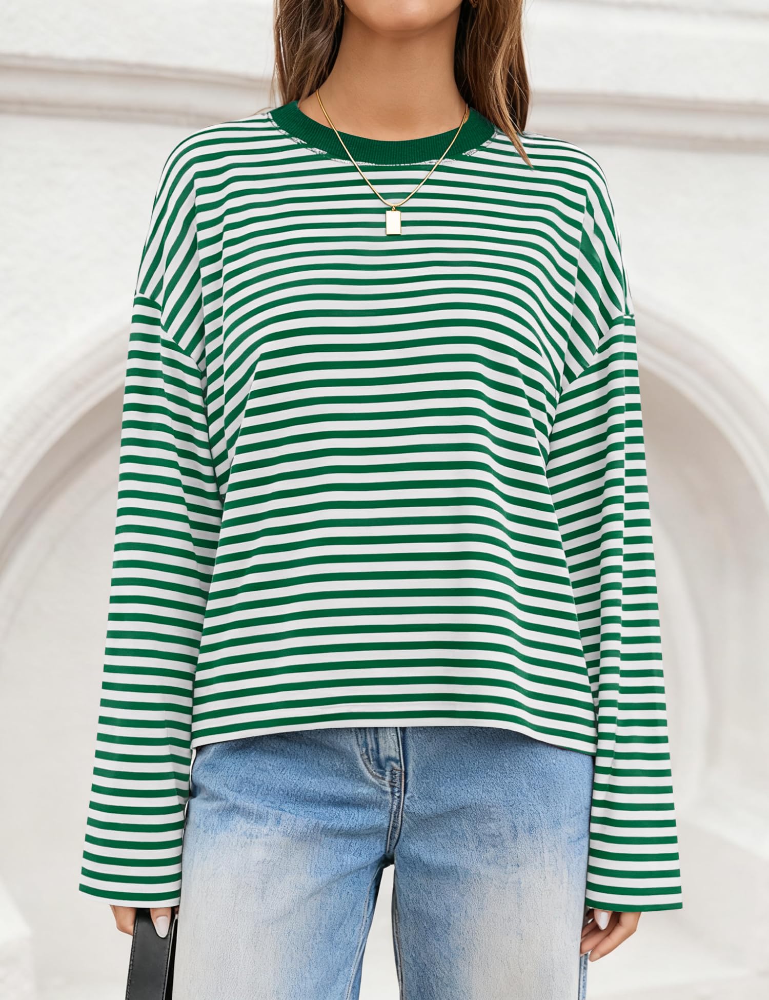 LOMON Striped Long Sleeve Shirt Women Y2k Oversized Crewneck Fall Spring Drop Shoulder Vintage Tops Teen Girl Clothes