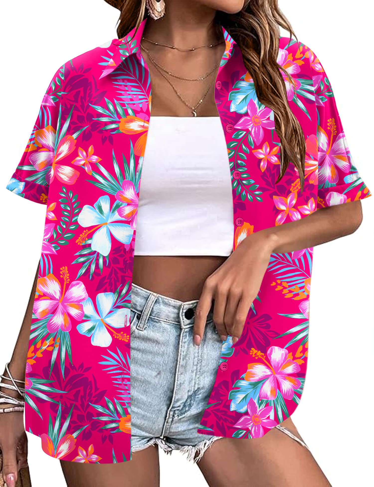 LOMON Women's Summer Hawaiian Shirts Floral Short Sleeve Button Down Shirts Hawaii Tropical Beach Tops Outfits
