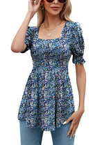 LOMON Women's Tunics Square Neck Puff Short Sleeve Smocked Top Ladies Peplum Blouse Tee Shirts 2025 Spring Summer S-XL