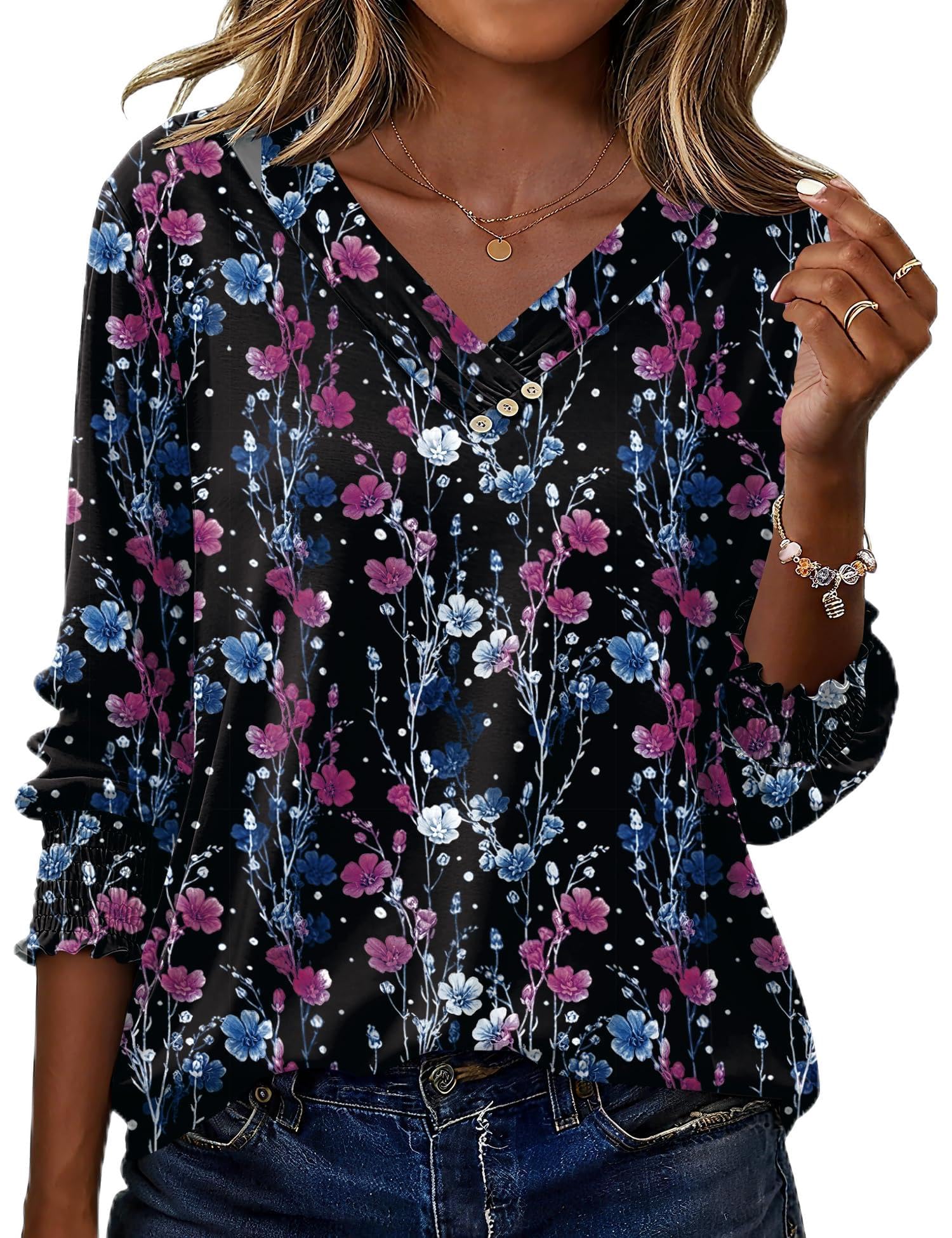 LOMON Blouses for Women Dressy Casual 3/4 Length Sleeve Womens Tops with Buttons Decor