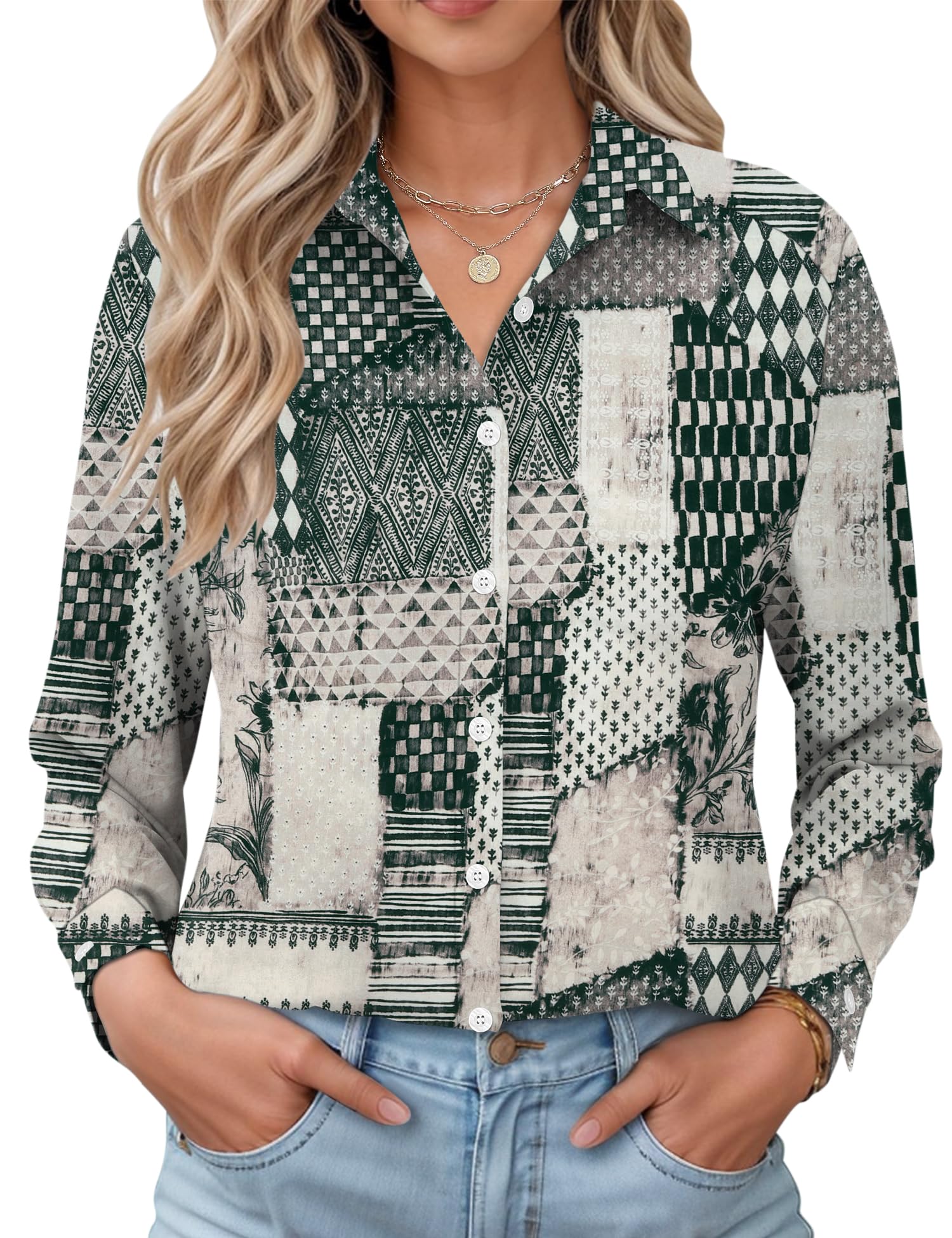 LOMON Womens Long Sleeve Button Down Shirts Casual Loose Fit Cotton Collared Blouses