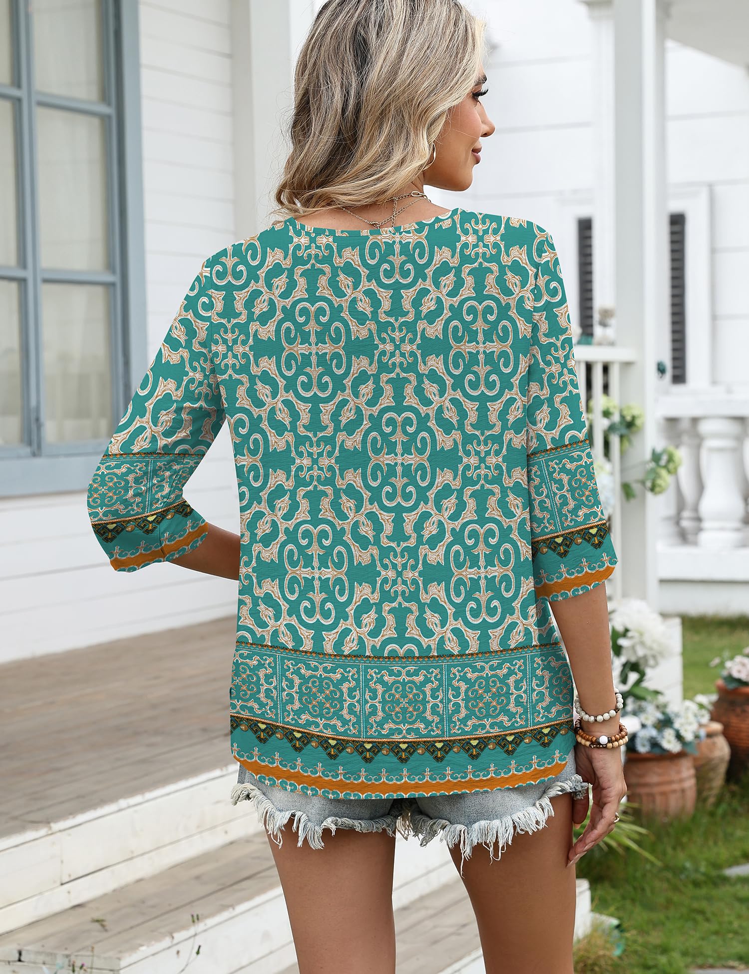 LOMON Women's 3/4 Length Sleeve Boho Tops V Neck Lace Summer Outfits Dressy Casual Flowy Shirts Vacation Clothes Blouses
