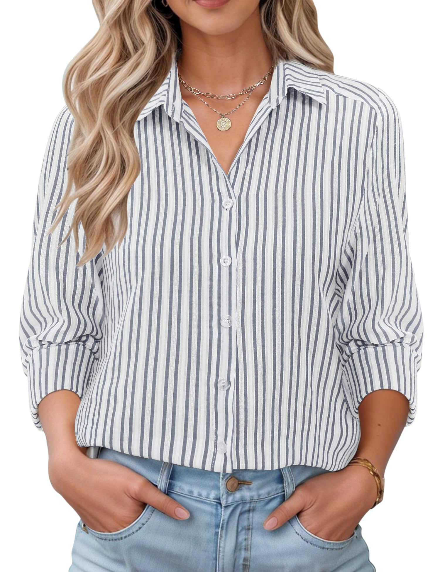 LOMON Womens Long Sleeve Button Down Shirts Casual Loose Fit Cotton Collared Blouses