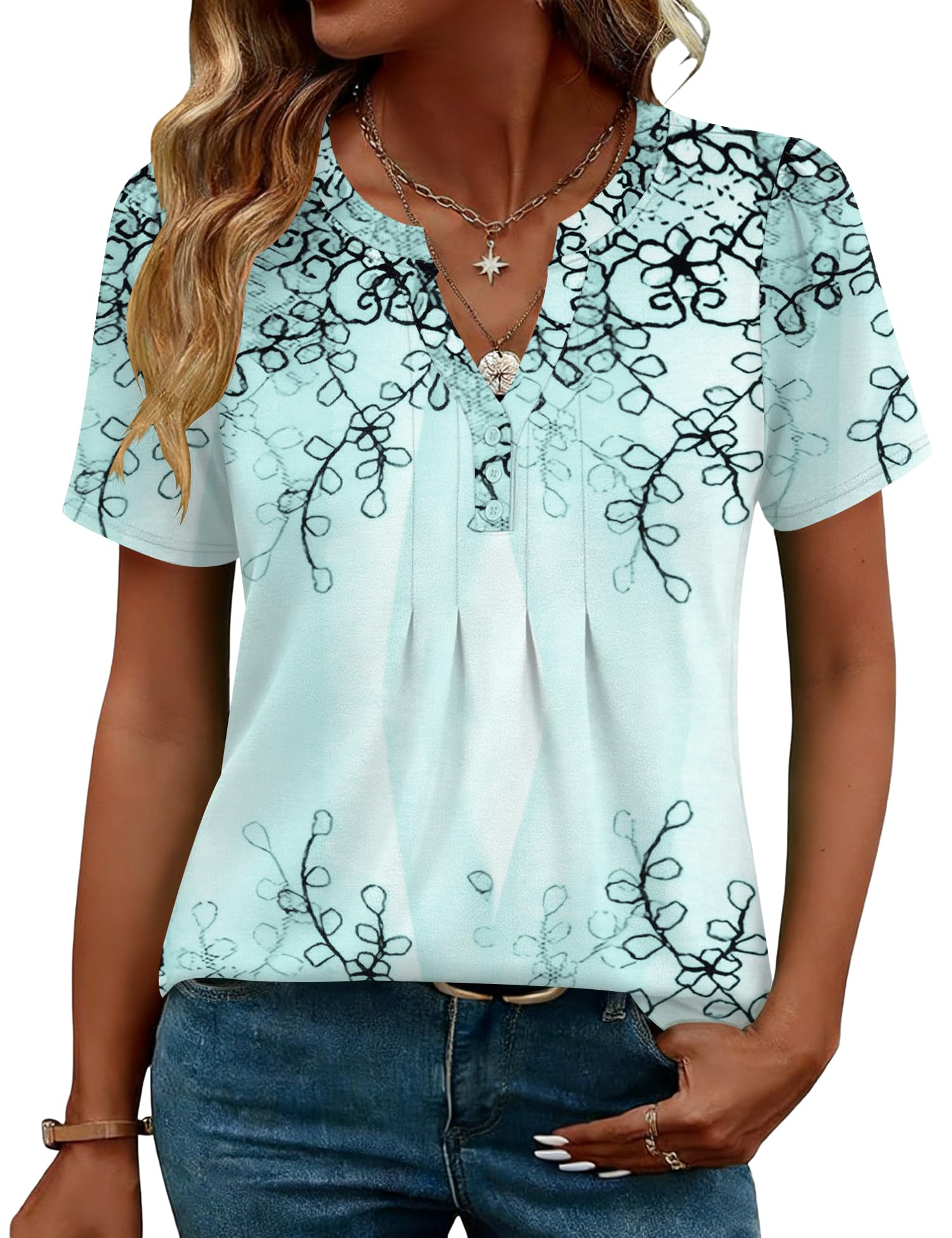 LOMON Womens Tops Dressy Casual V Neck Short Sleeve Shirts Summer Pleated Blouses Button Down Tunic Loose Fit