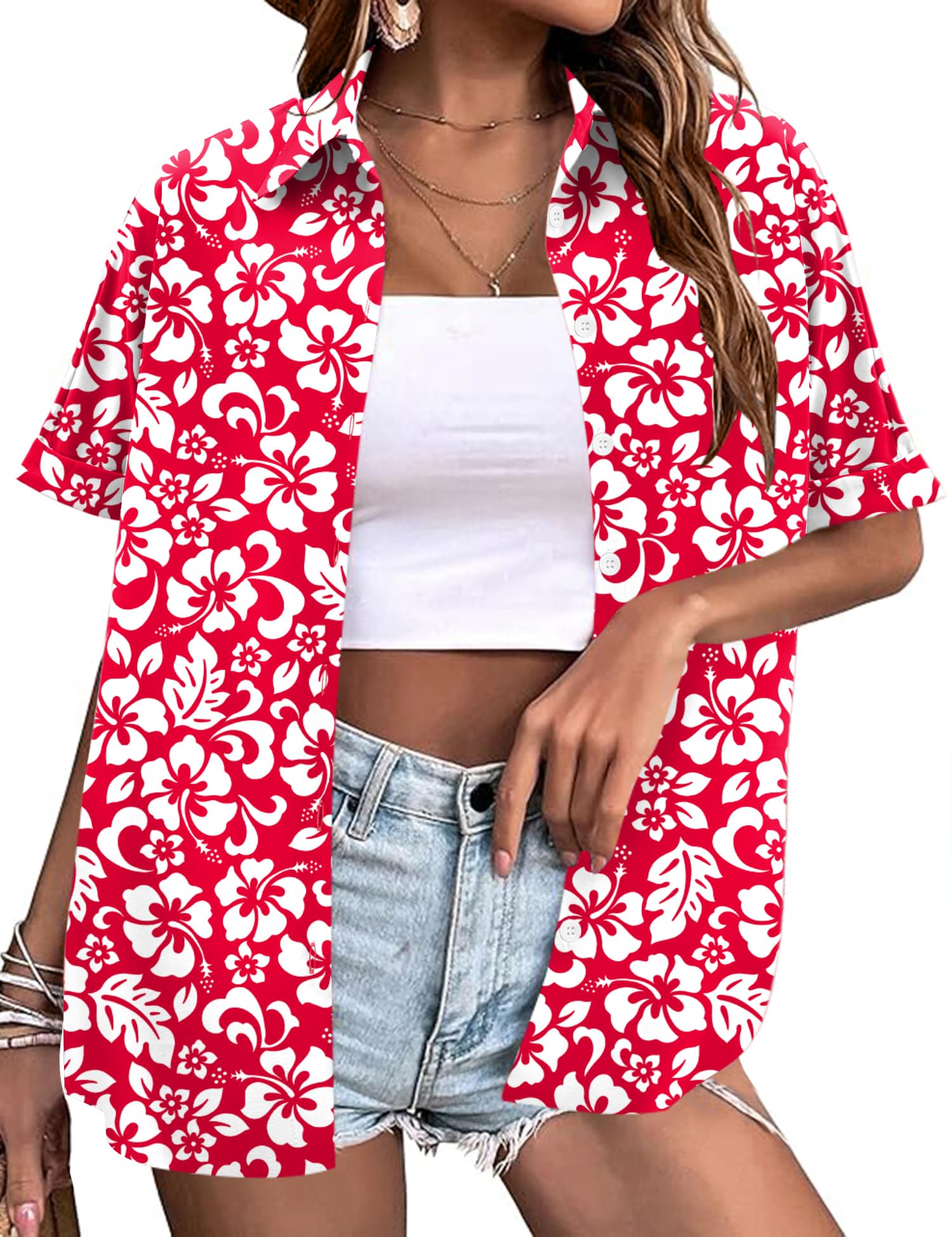 LOMON Women's Summer Hawaiian Shirts Floral Short Sleeve Button Down Shirts Hawaii Tropical Beach Tops Outfits