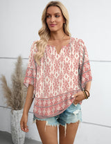 LOMON Flowy Tops for Women Loose Fitting Floral Bohemian Shirts Peasant Blouses for Women Dressy Casual Pink XL