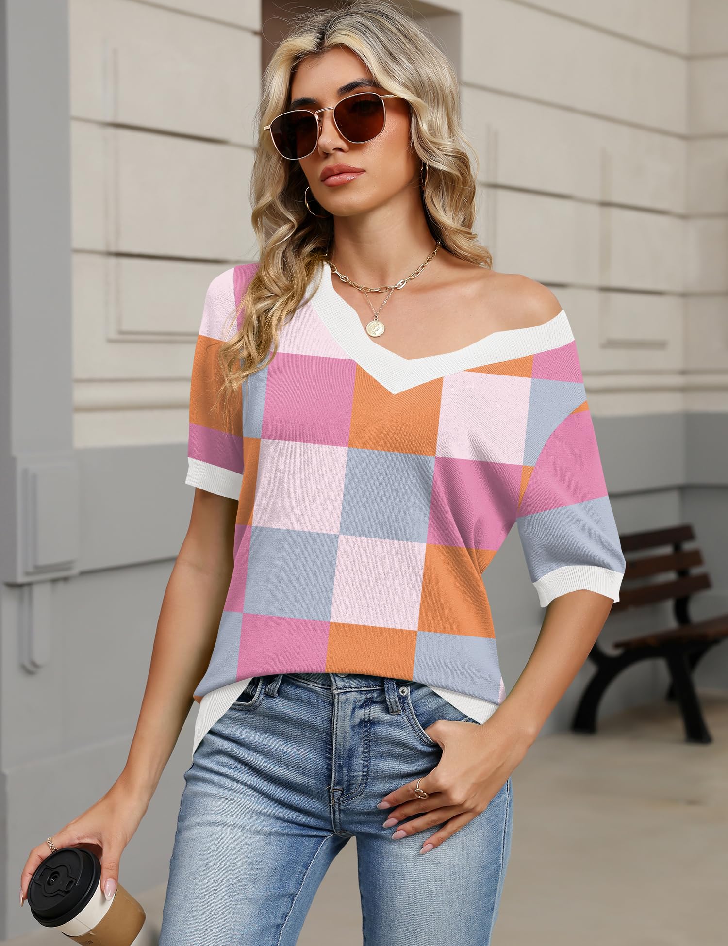 LOMON Womens 2026 Spring V Neck Sweater Casual Tops Short Sleeve Lightweight Ribbed Knit Pullover Sweaters