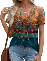 LOMON Womens Summer Tops Short Sleeve V Neck Pleated T-Shirts Loose Fit Dressy Casual Blouses S-XXL