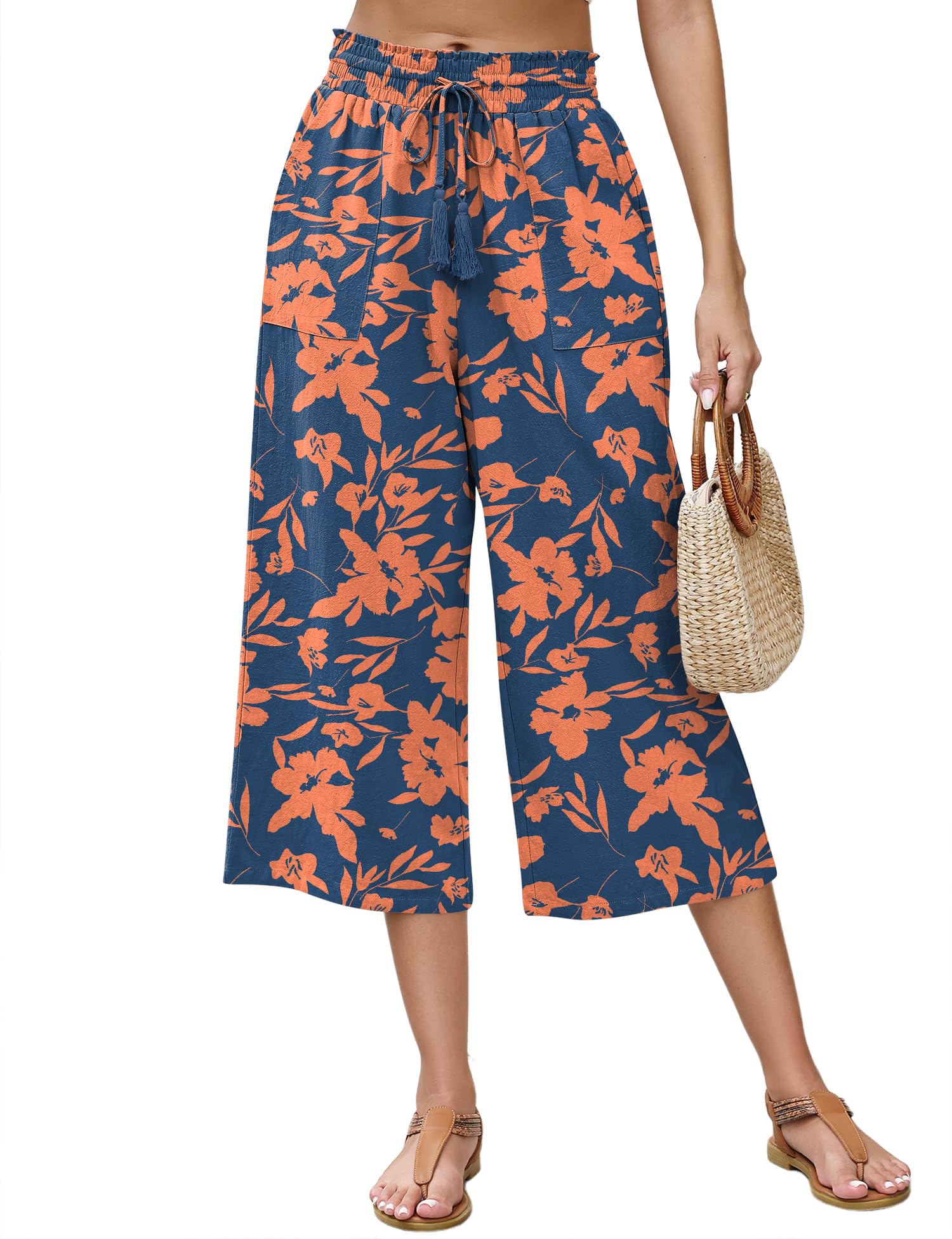 LOMON Women's Linen Capri Pants Wide Leg with Drawstring Elastic Waist Casual Cropped Pant