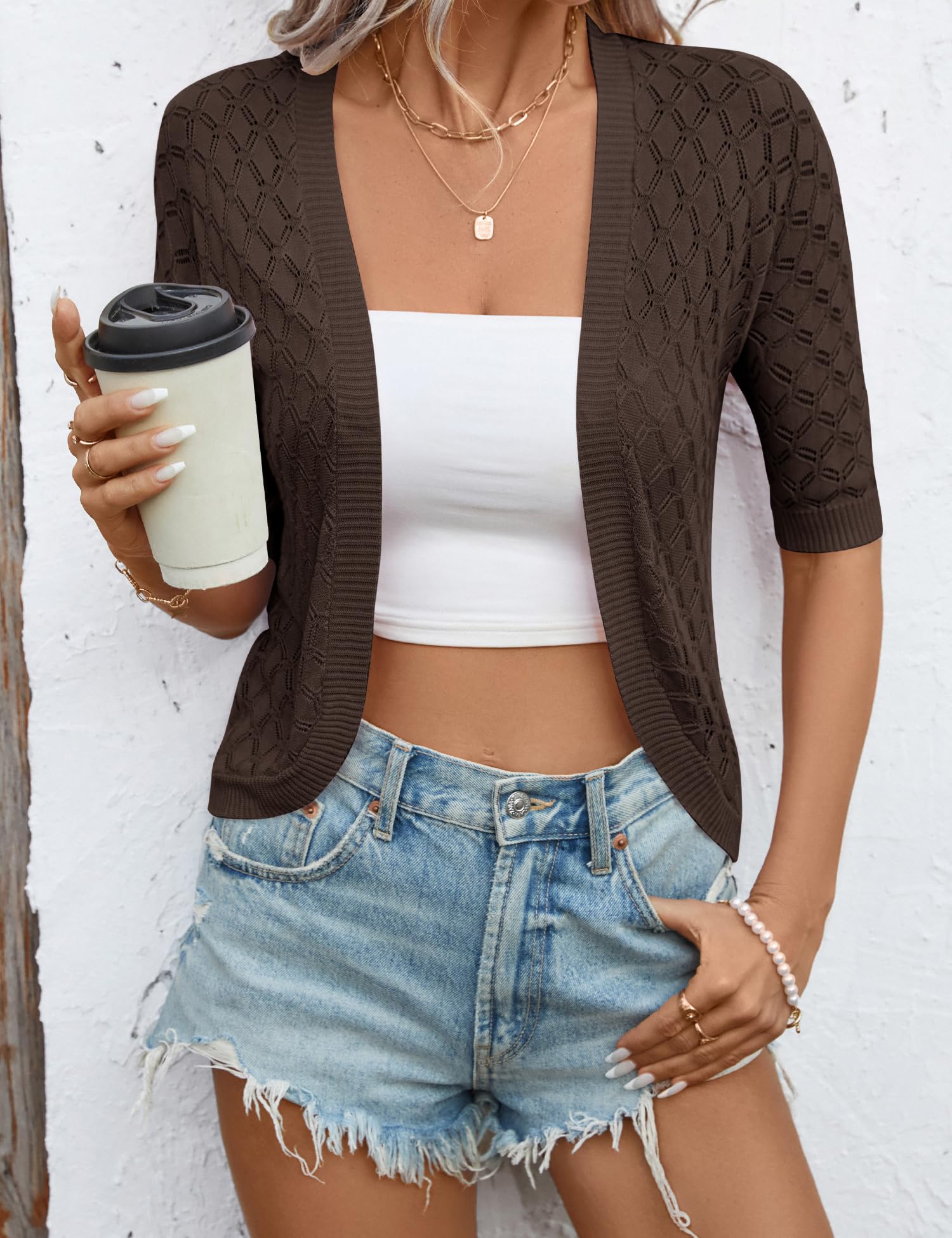 LOMON Womens Cropped Cardigan Short Sleeve Bolero Shrug Sweater Open Front Lightweight