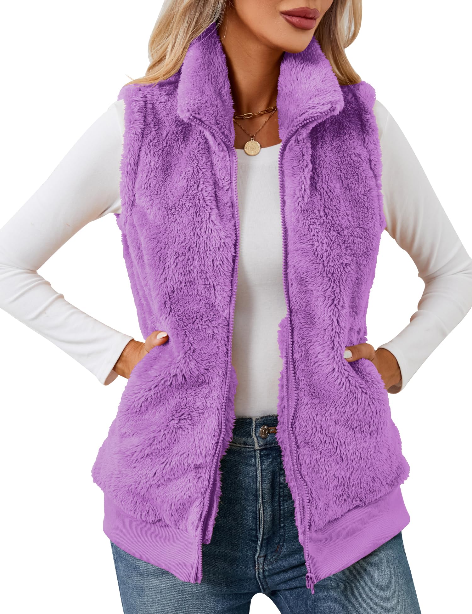 LOMON Womens Fuzzy Fleece Vest, Casual Warm Sleeveless Zip Up Sherpa Vest Jacket with Pockets for Fall/Winter