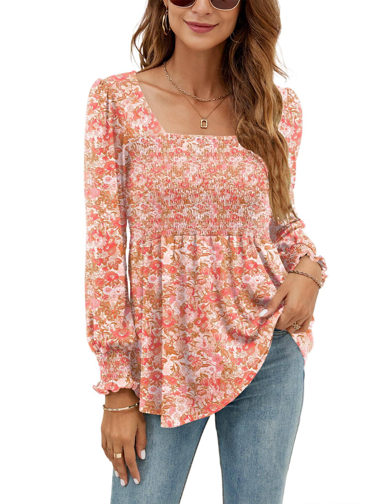 LOMON Blouses for Women Puff Long Sleeve Shirts Square Neck Casual Smocked Tunic Tops 2024 Spring Fall Winter Clothes S-XL