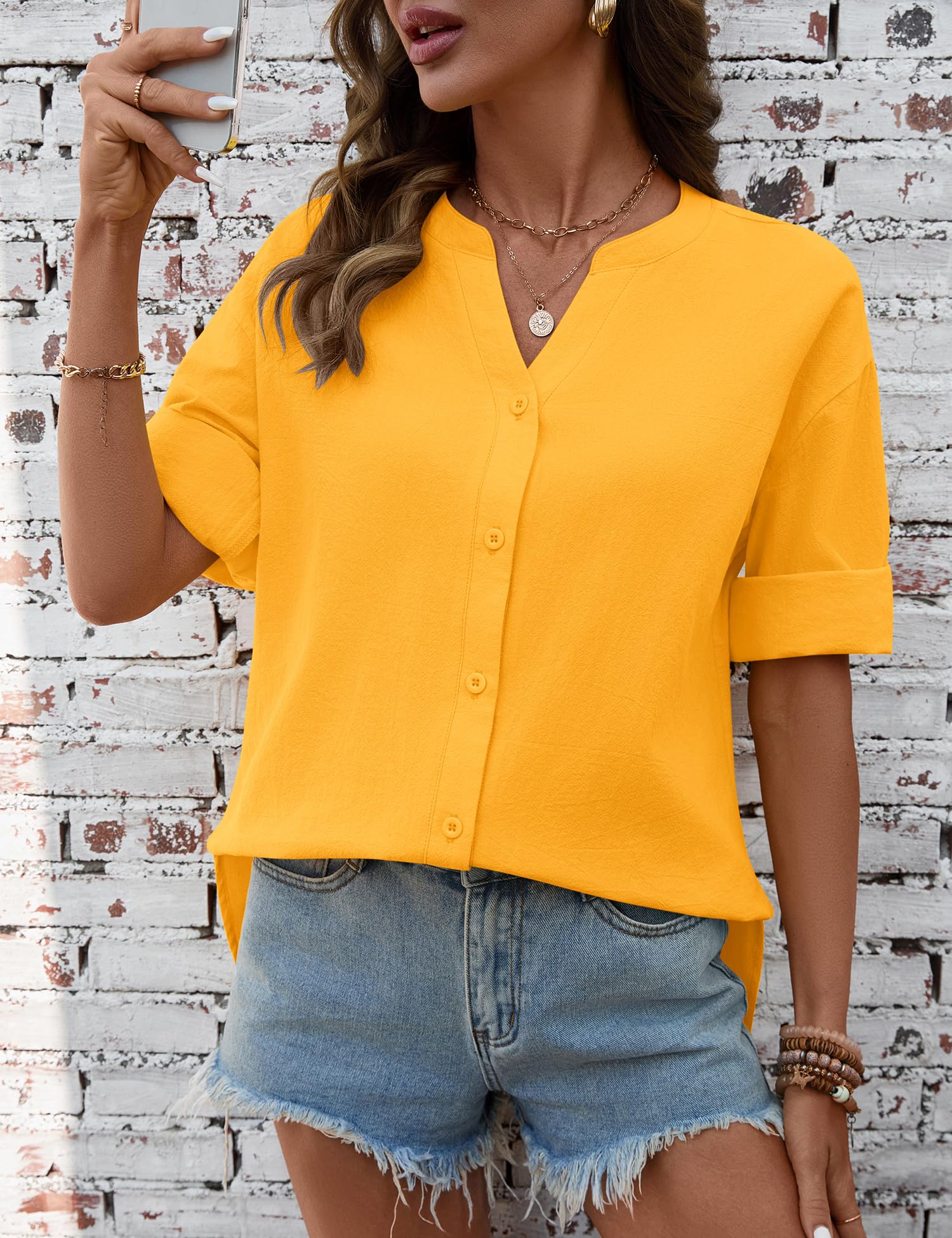 LOMON 3/4 Length Sleeve Womens Tops V Neck 3/4 Sleeve Sides Slit Button Down Shirts Cotton Linen Casual Loose Blouses