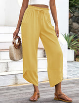 LOMON Women Linen Palazzo Pants Boho Wide Leg Elastic Waisted Casual Capri Pant Summer Harem Lounge with Pockets