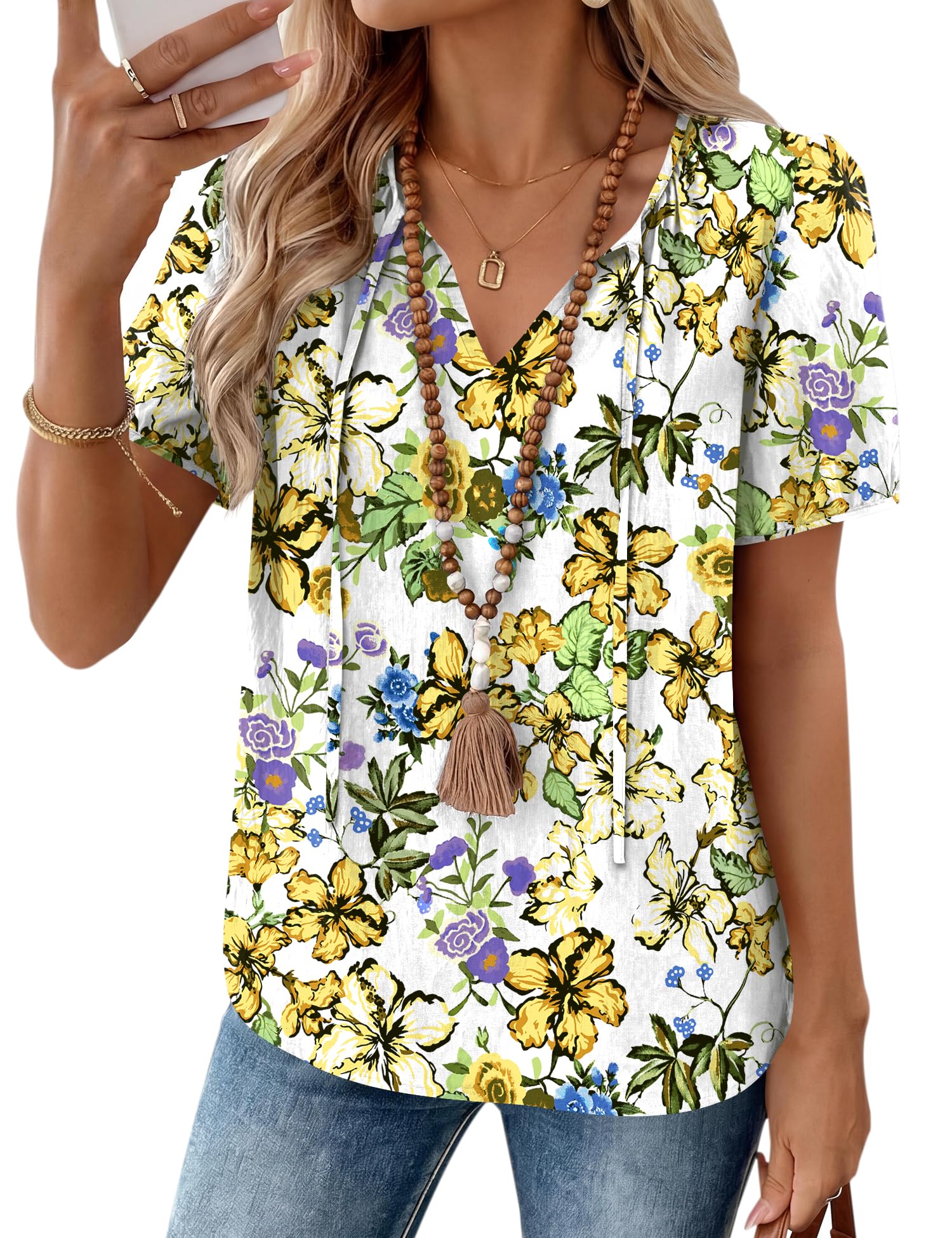 LOMON Boho Tops for Women Summer V-Neck Tie Front Peasant Blouses Casual Puff Sleeve Loose-Fit Flowy Shirts Beach Vacation
