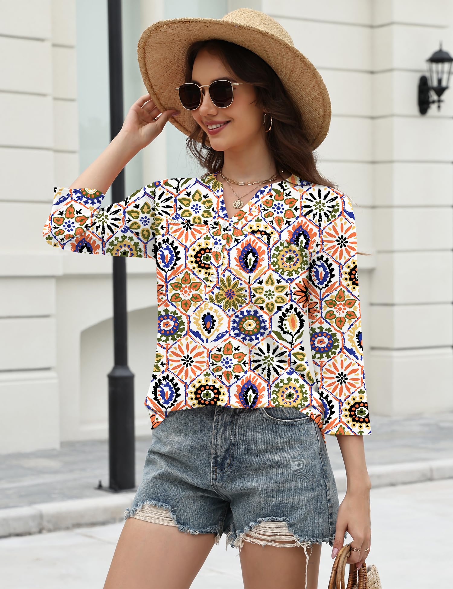 LOMON Womens Tops 3/4 Sleeve Botton Down Shirts Casual V Neck Tunic Blouses Pleated Fashion Summer Tees 2026 Trendy S-3XL