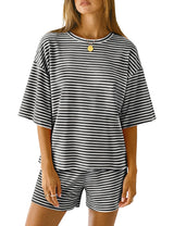 LOMON Two Piece Sets for Women Summer 3/4 Sleeve Tops and Elastic Waist Shorts Pajamas Cute Comfy Soft Lounge Striped Pjs