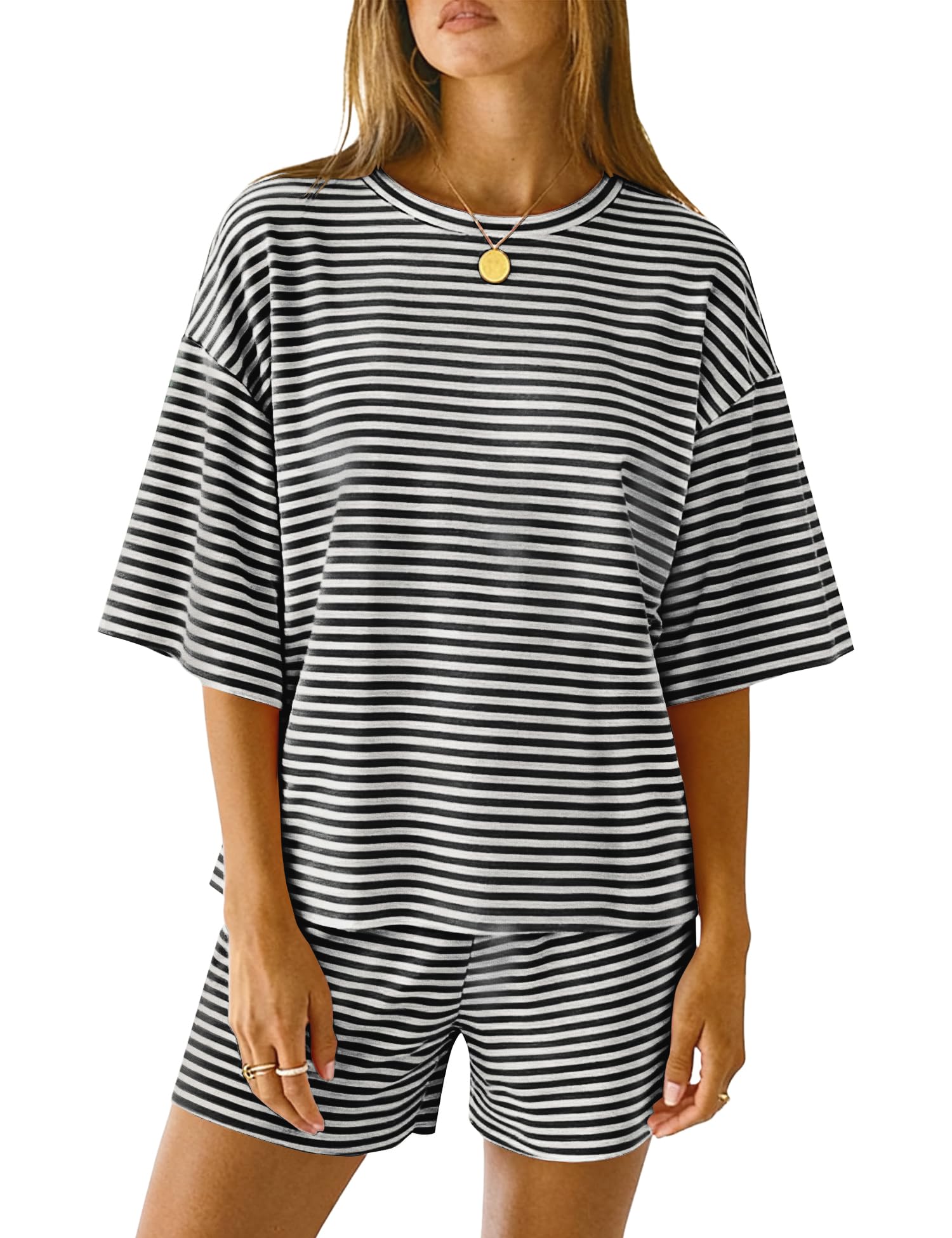 LOMON Two Piece Sets for Women Summer 3/4 Sleeve Tops and Elastic Waist Shorts Pajamas Cute Comfy Soft Lounge Striped Pjs