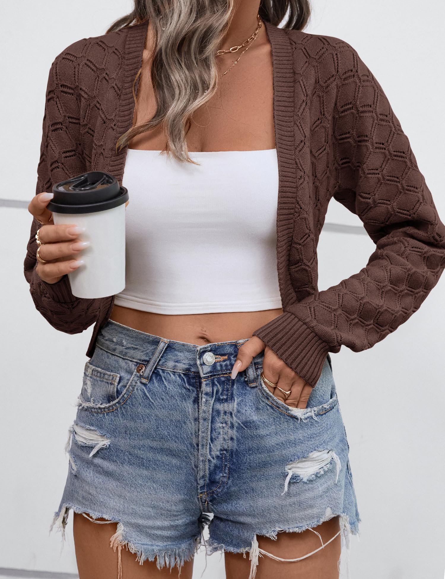 LOMON Womens Cropped Cardigan Bolero Shrugs for Dresses Knit Open Front Long Sleeve Sweater