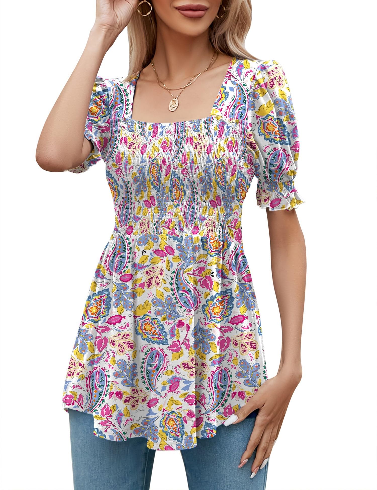 LOMON Women's Tunics Square Neck Puff Short Sleeve Smocked Top Ladies Peplum Blouse Tee Shirts 2025 Spring Summer S-XL
