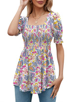 LOMON Women's Tunics Square Neck Puff Short Sleeve Smocked Top Ladies Peplum Blouse Tee Shirts 2025 Spring Summer S-XL