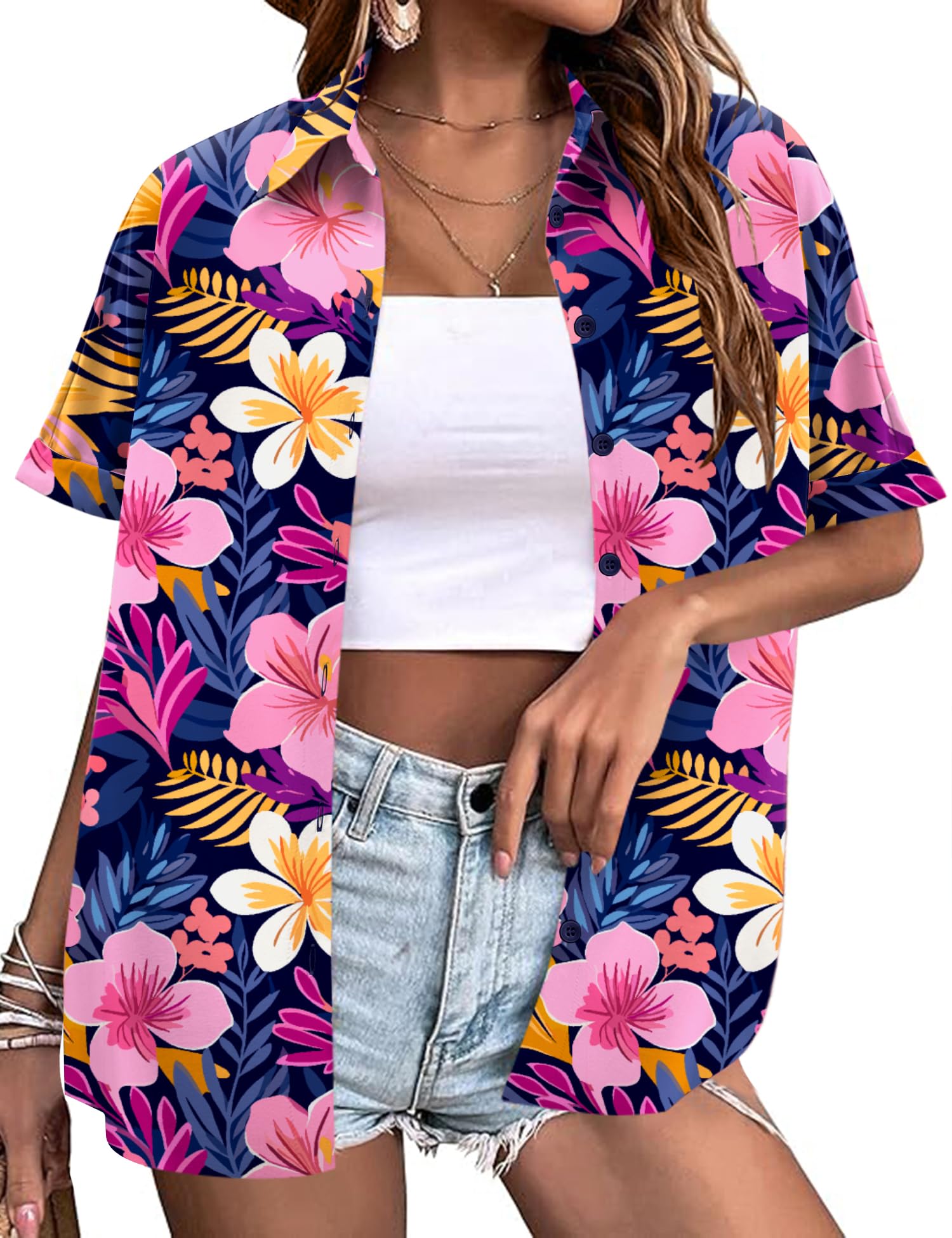 LOMON Women's Summer Hawaiian Shirts Floral Short Sleeve Button Down Shirts Hawaii Tropical Beach Tops Outfits