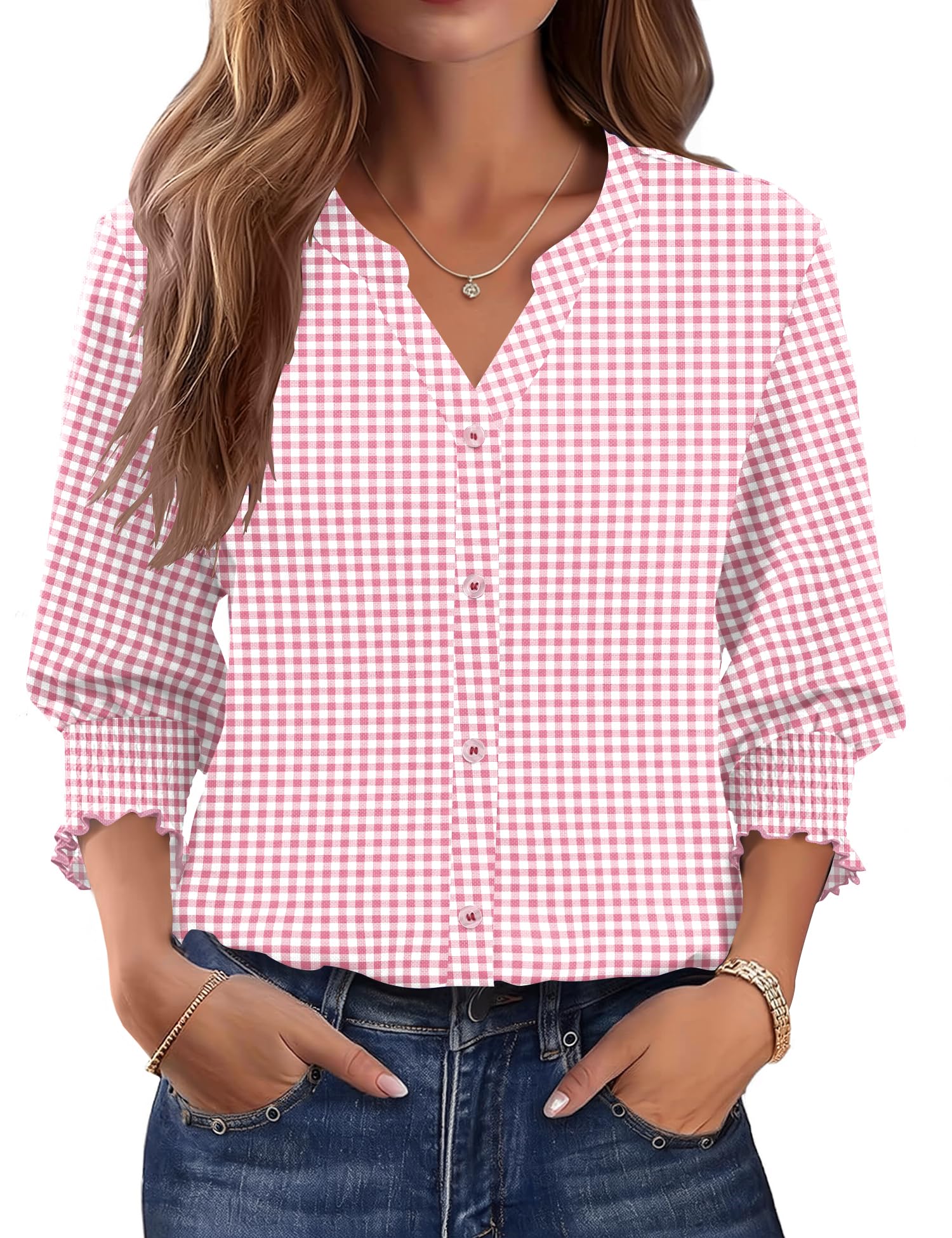 LOMON Button Down Shirts for Women 3/4 Length Sleeve Business Casual Blouses 2026 Summer Tops