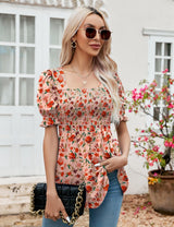 LOMON Women's Tunics Square Neck Puff Short Sleeve Smocked Top Ladies Peplum Blouse Tee Shirts 2025 Spring Summer S-XL