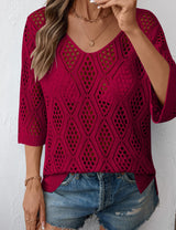 LOMON Womens 3/4 Sleeve Crochet Tops Off Shoulder Hollow Out Sweater V Neck Casual Loose Fit Beach Cover Up
