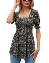 LOMON Women's Tunics Square Neck Puff Short Sleeve Smocked Top Ladies Peplum Blouse Tee Shirts 2025 Spring Summer S-XL