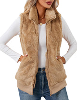 LOMON Womens Fuzzy Fleece Vest, Casual Warm Sleeveless Zip Up Sherpa Vest Jacket with Pockets for Fall/Winter