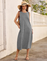 LOMON Summer Dresses for Women Cotton Casual Maxi Dress Beach Vacation Long Sundresses Plaid Striped with Pockets
