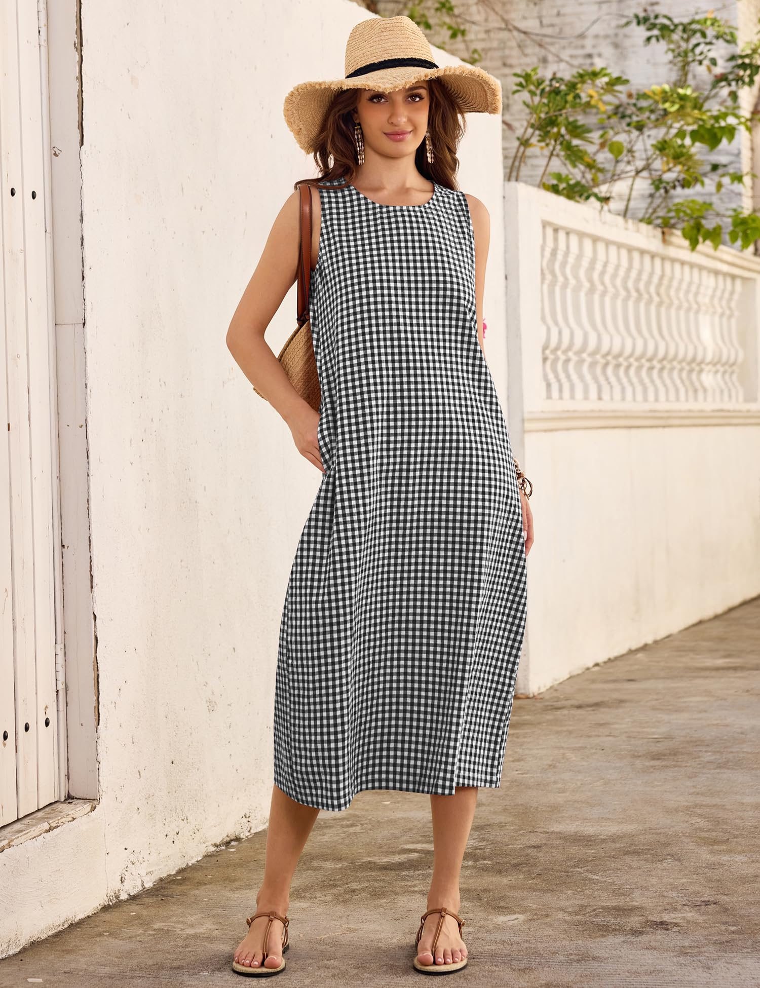 LOMON Summer Dresses for Women Cotton Casual Maxi Dress Beach Vacation Long Sundresses Plaid Striped with Pockets