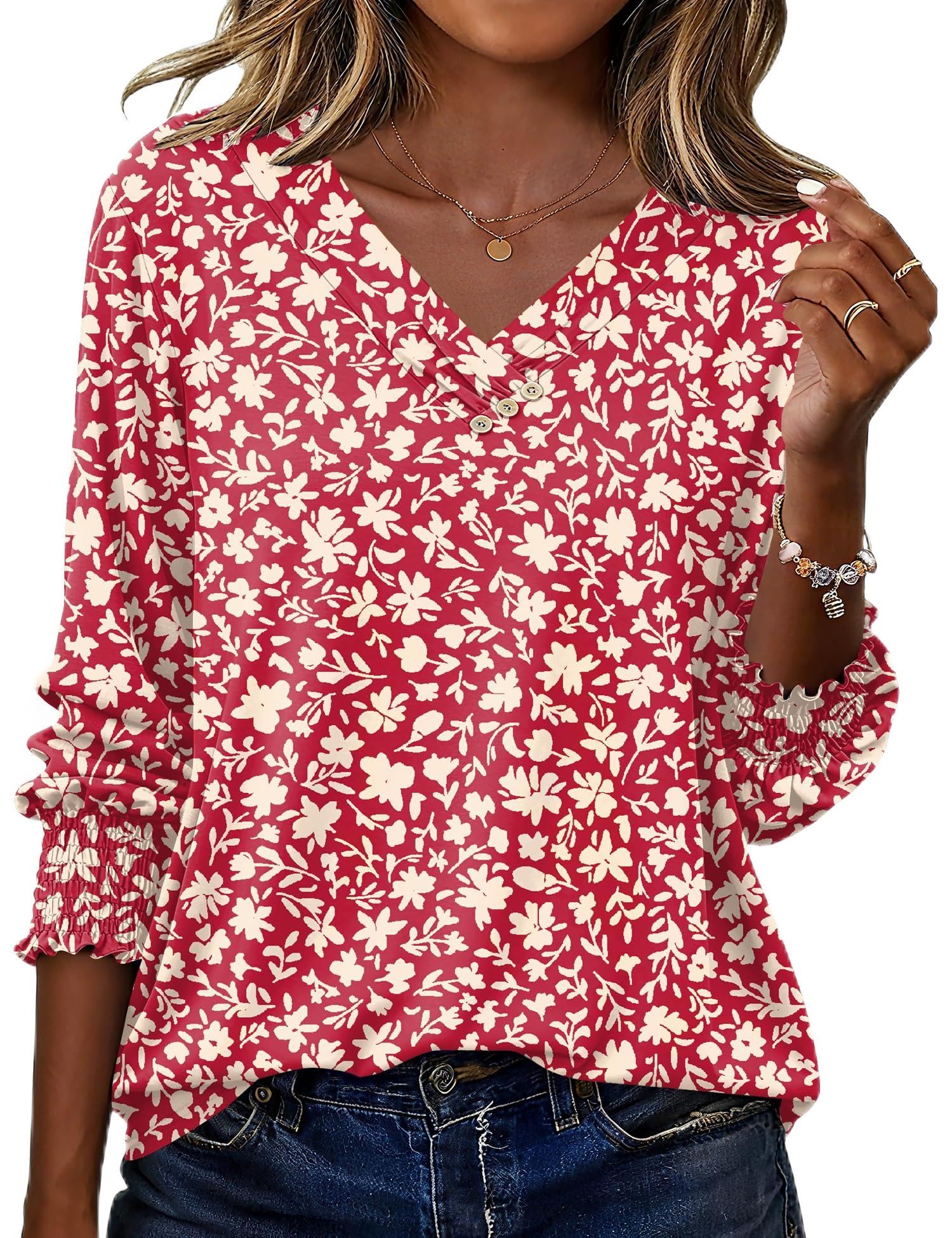 LOMON Blouses for Women Dressy Casual 3/4 Length Sleeve Womens Tops with Buttons Decor