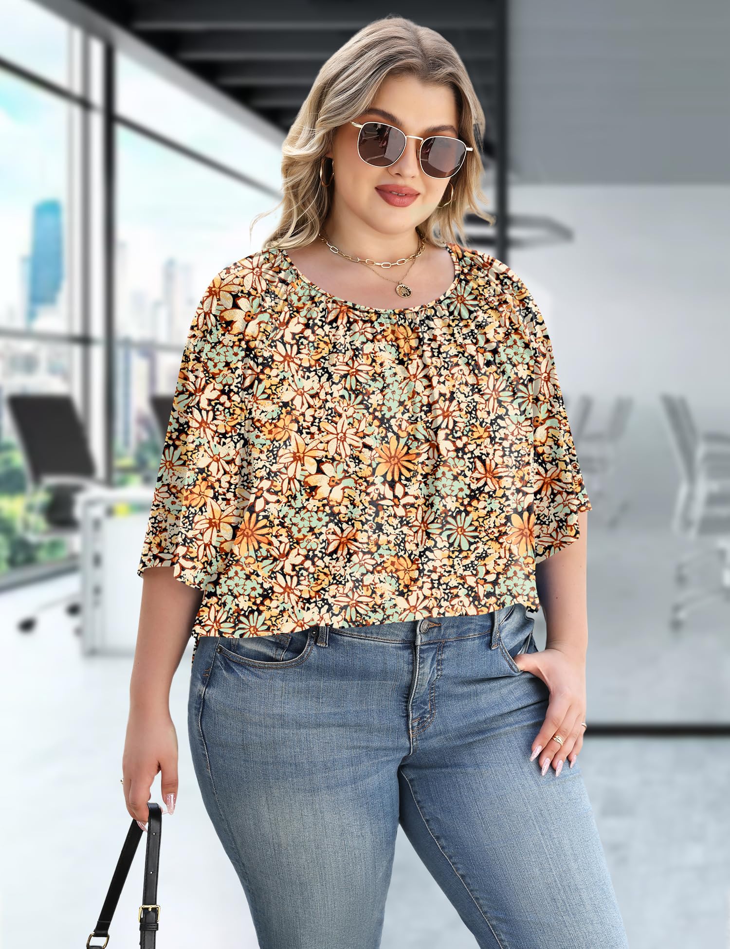 LOMON Womens Plus Size Tops Summer 3/4 Length Sleeve Crewneck Blouses Dressy Casual Loose Curvy Flowy Tunic Shirts 1X-5X