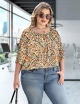 LOMON Womens Plus Size Tops Summer 3/4 Length Sleeve Crewneck Blouses Dressy Casual Loose Curvy Flowy Tunic Shirts 1X-5X
