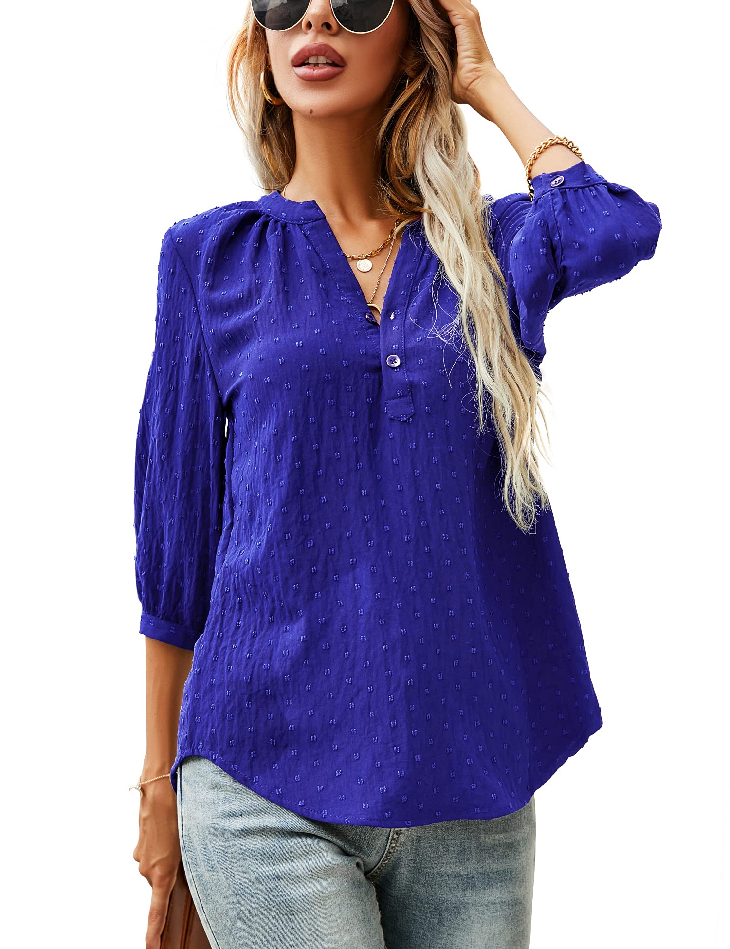 LOMON Women's Casual 3/4 Sleeve Henley V-Neck Button Up Pleated Back Blouses Swiss Dot Blouse Tops T-Shirts S-XXL