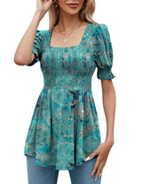 LOMON Women's Tunics Square Neck Puff Short Sleeve Smocked Top Ladies Peplum Blouse Tee Shirts 2025 Spring Summer S-XL