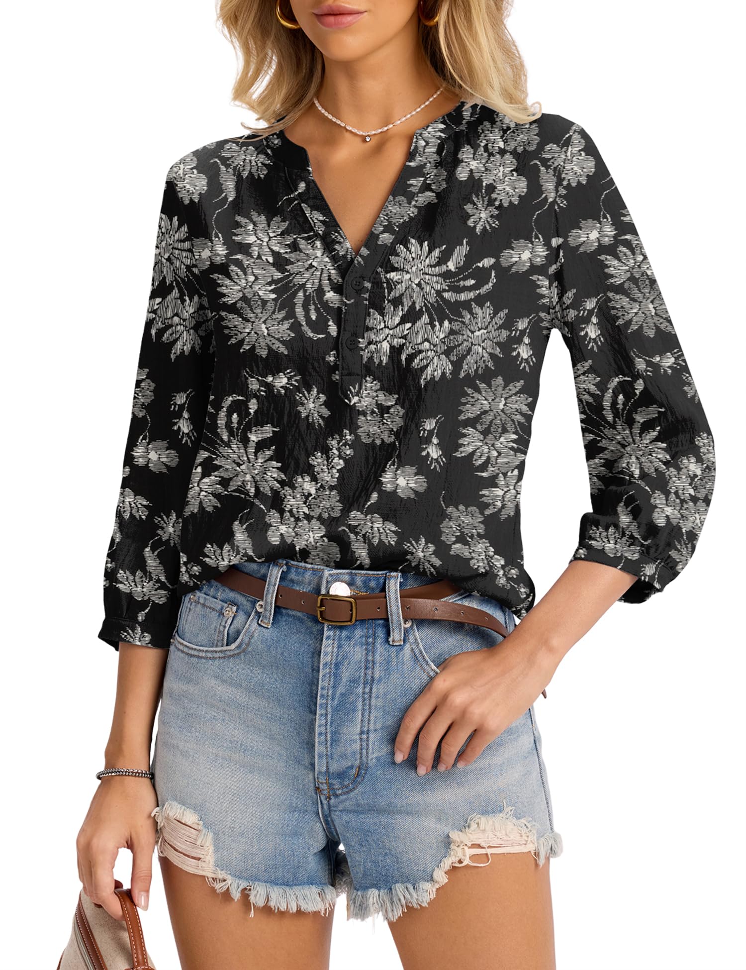 LOMON Womens Tops Dressy Summer 3/4 Length Sleeve Henley V Neck Button Down Shirts Pleated Blouses S-XXL
