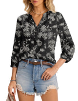 LOMON Womens Tops Dressy Summer 3/4 Length Sleeve Henley V Neck Button Down Shirts Pleated Blouses S-XXL