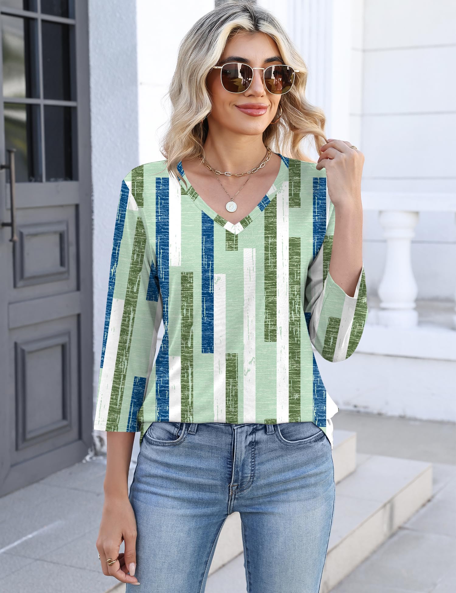 Lomon Women's V Neck T Shirts 3/4 Sleeve Blouse Summer Tops Dressy Casual Basic Tees