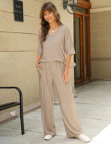 LOMON Women's 2 Piece Lounge Pajama Sets Soft 3/4 Sleeve Tops and Wide Leg Pants Loose Casual Outfits with Pockets