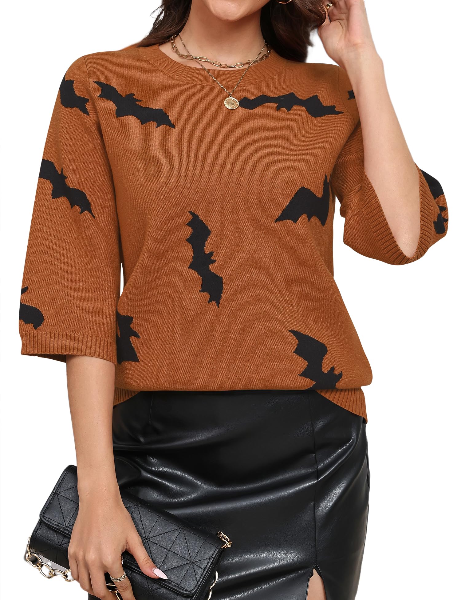 LOMON Womens Sweaters Casual Fall 2025 Crew Neck Striped 3/4 Sleeve Lightweight Knit Trendy Pullover Sweater Tops S-XL