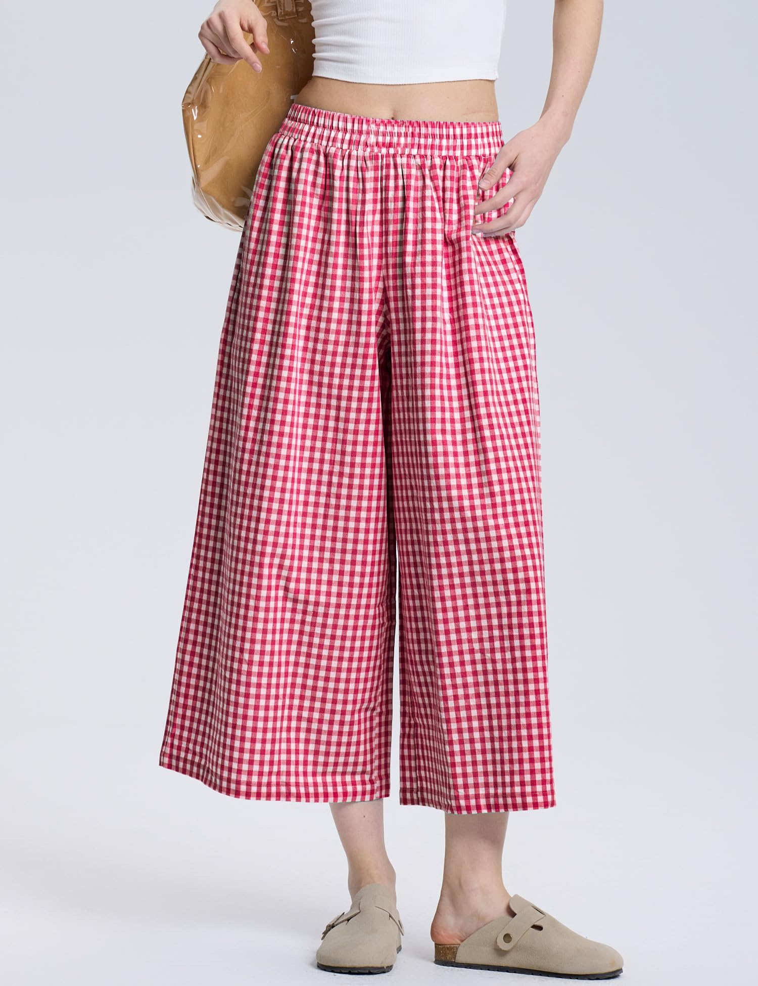 LOMON Womens Wide Leg Capri Pants Gingham Plaid Culottes Summer Elastic Waist Palazzo Trousers Bottoms with Pockets