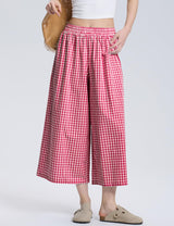 LOMON Womens Wide Leg Capri Pants Gingham Plaid Culottes Summer Elastic Waist Palazzo Trousers Bottoms with Pockets