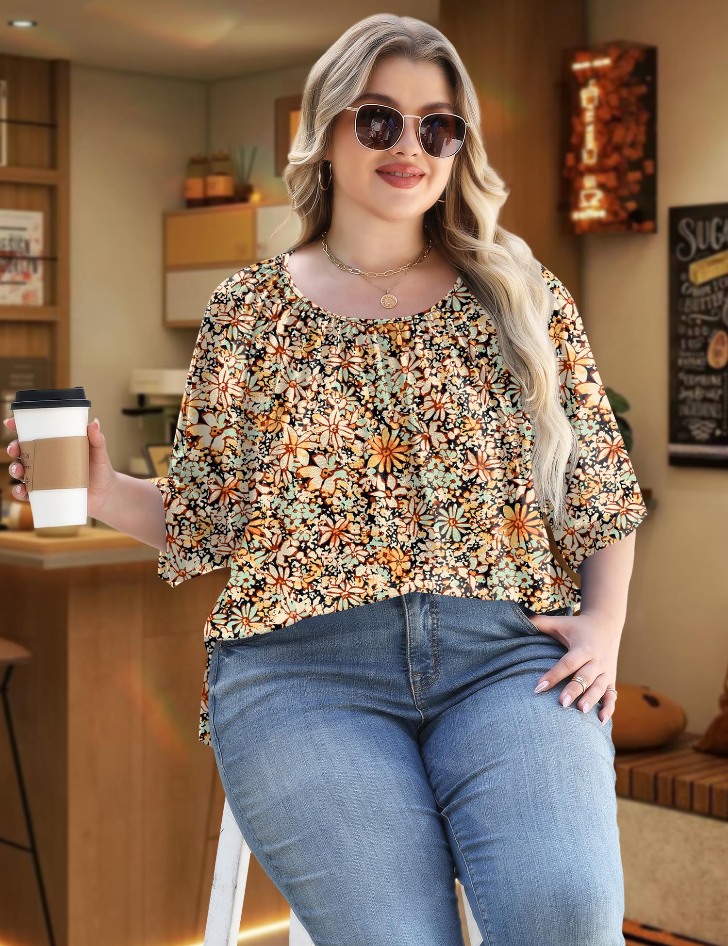 LOMON Womens Plus Size Tops Summer 3/4 Length Sleeve Crewneck Blouses Dressy Casual Loose Curvy Flowy Tunic Shirts 1X-5X