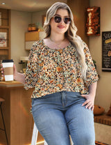 LOMON Womens Plus Size Tops Summer 3/4 Length Sleeve Crewneck Blouses Dressy Casual Loose Curvy Flowy Tunic Shirts 1X-5X