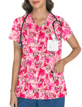 LOMON Women's V Neck Printed Scrub Top with 3 Pockets