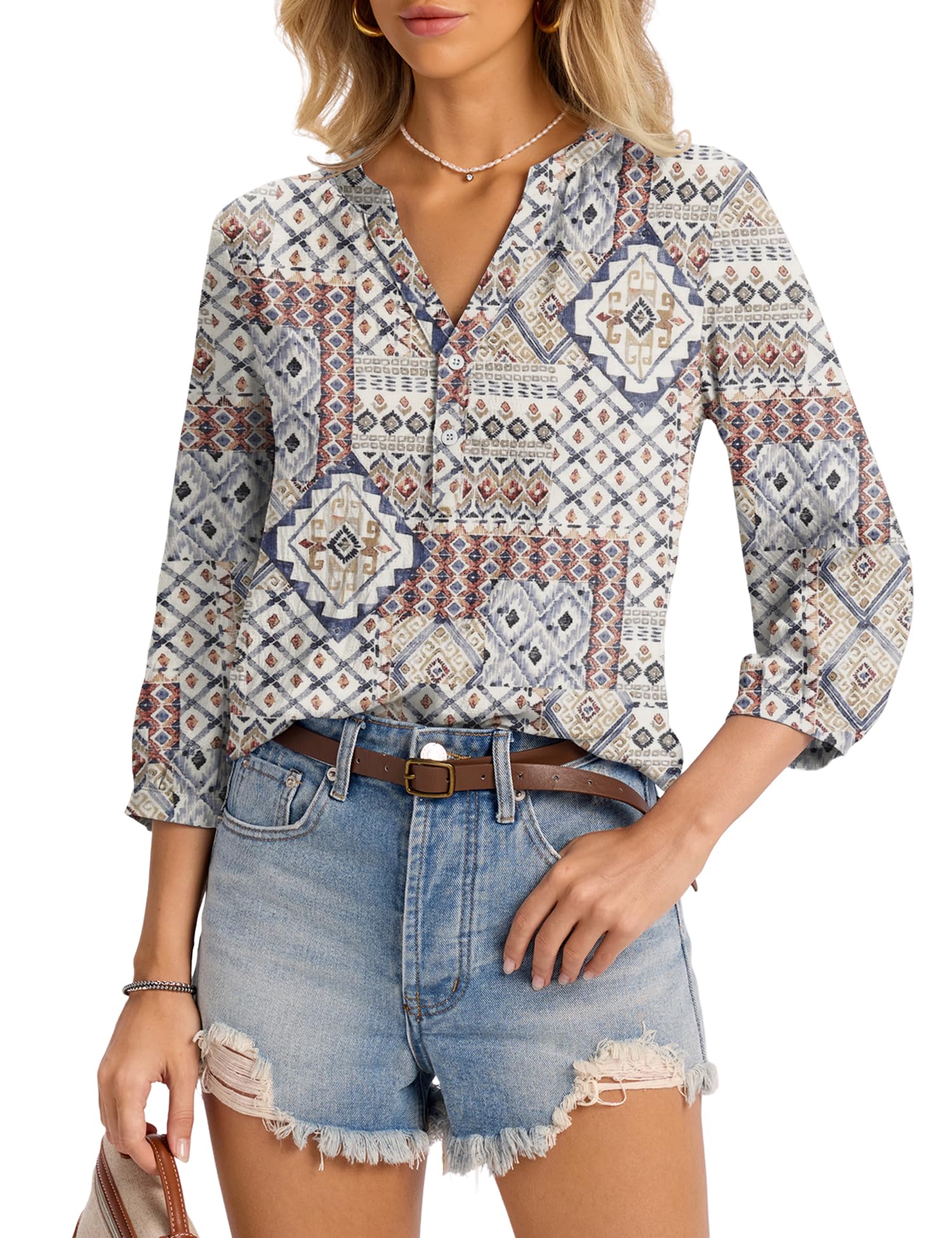 LOMON Womens Tops Dressy Summer 3/4 Length Sleeve Henley V Neck Button Down Shirts Pleated Blouses S-XXL