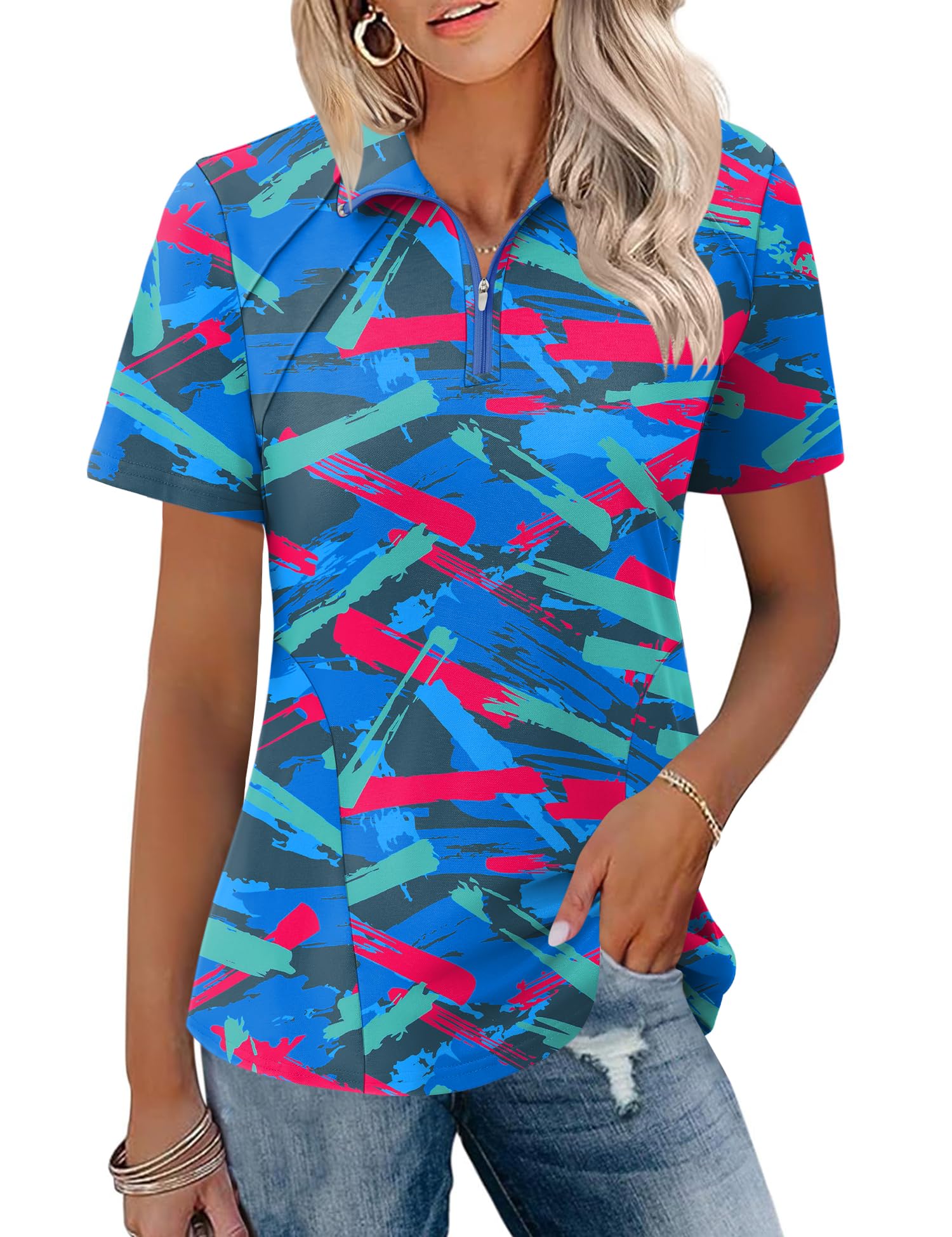 LOMON Womens Golf Polo Shirts Summer Short Sleeve 1/4 Zip Tops Moisture Wicking Casual Tennis Activewear with Pockets